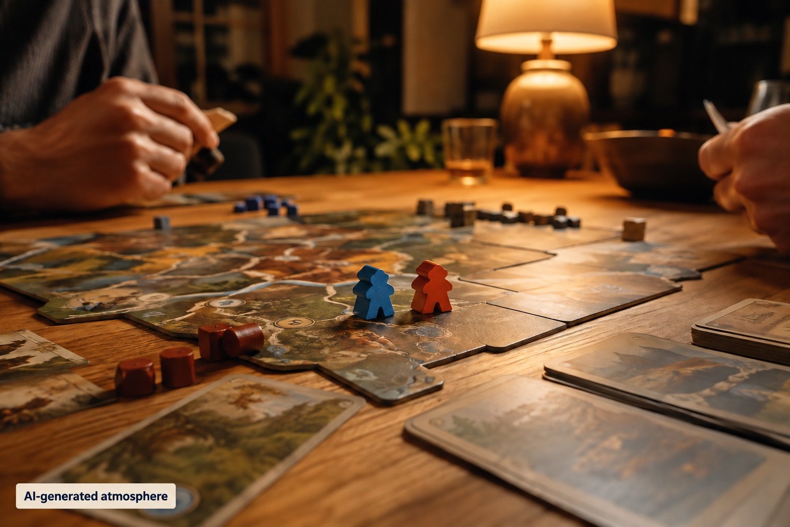 AI-generated atmosphere: two people at a warmly lit game table, with blue and terracotta meeples.